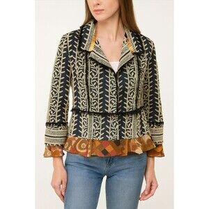 Hapari Tapestry Jacket Womens S Embroidered Burnt Orange Silk Trim BOHO Festival